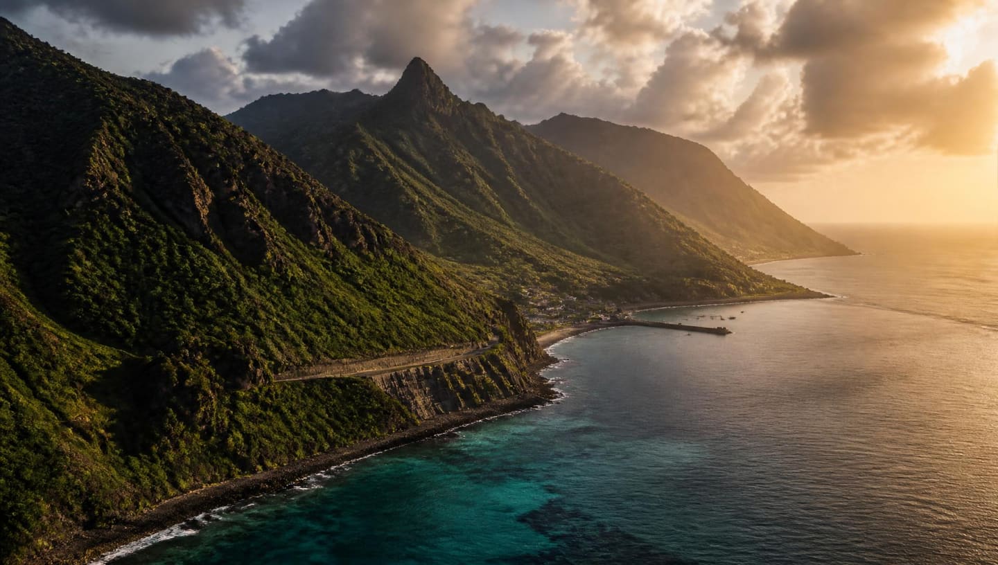 Aerial view of an Eastern Caribbean coastline with a coastal road and small harbour